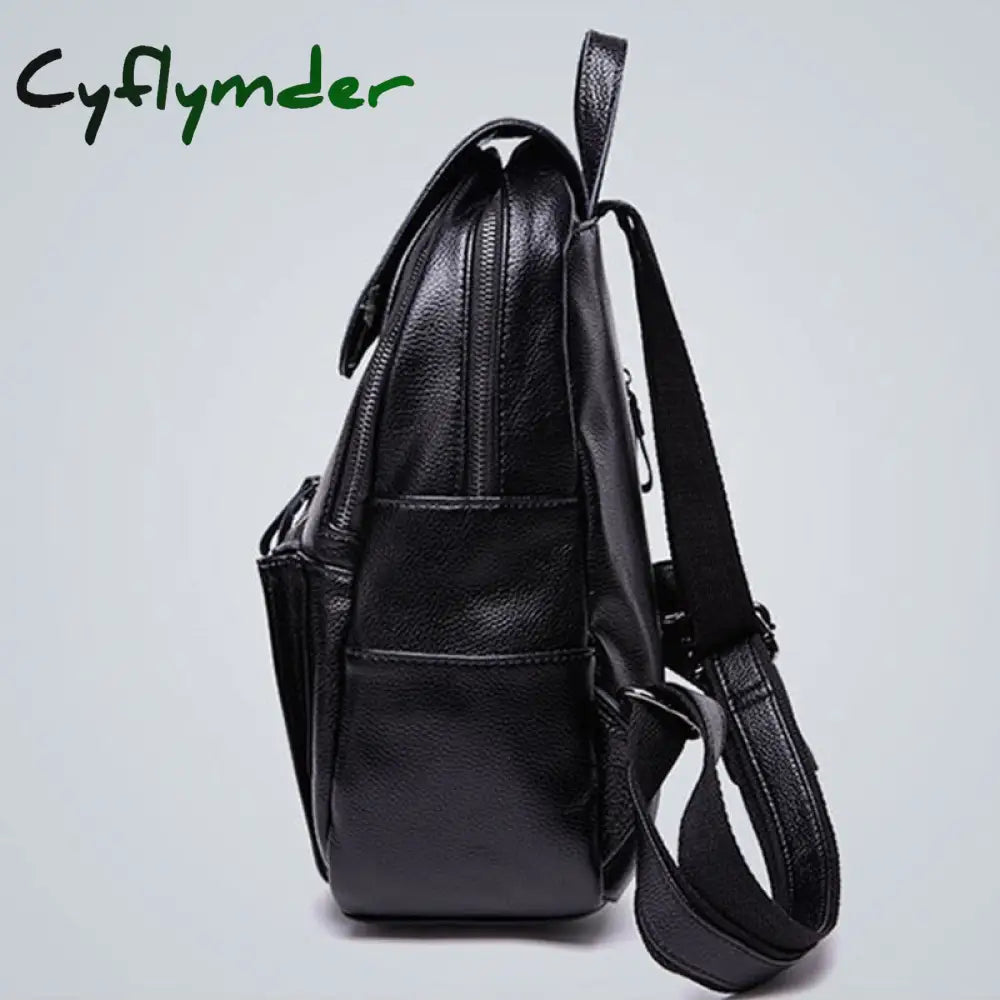 Cyflymder Women Backpacks Fashion Genuine Leather Travel Bag Solid Large Capacity School Black