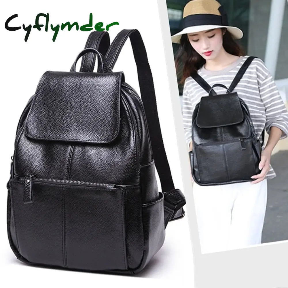 Cyflymder Women Backpacks Fashion Genuine Leather Travel Bag Solid Large Capacity School Black