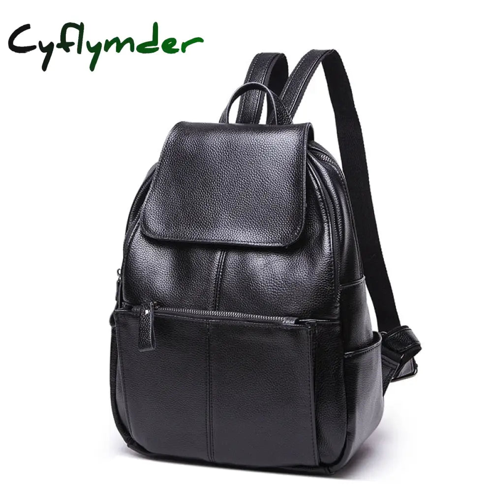 Cyflymder Women Backpacks Fashion Genuine Leather Travel Bag Solid Large Capacity School Black