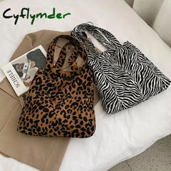 Cyflymder Women Bag New Zebra Leopard Print Corduroy Handbags Zebra Pattern Shoulder Large Capacity