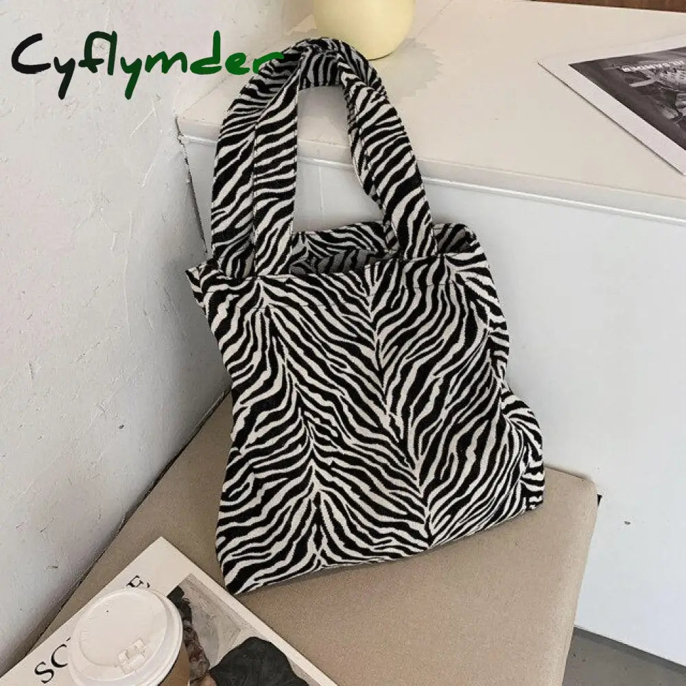 Cyflymder Women Bag New Zebra Leopard Print Corduroy Handbags Zebra Pattern Shoulder Large Capacity