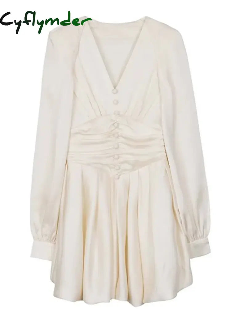 Cyflymder Women Beige V Neck Button Pleated Short Dresses Spring Autumn French Gentle Long Lantern