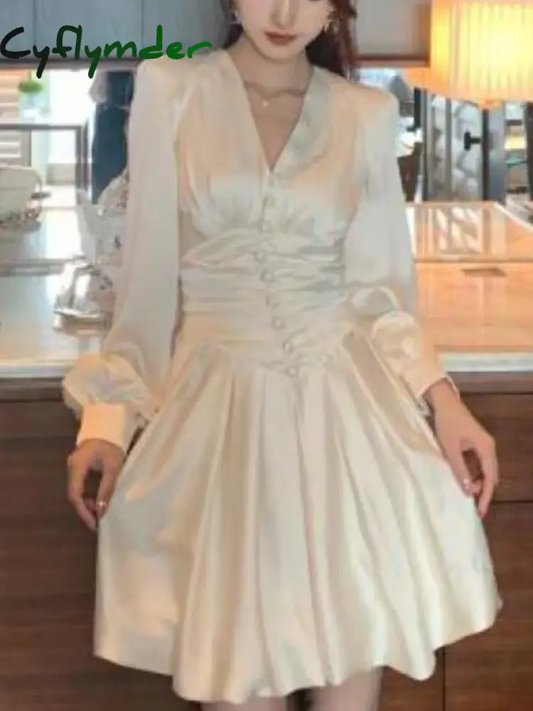Cyflymder Women Beige V Neck Button Pleated Short Dresses Spring Autumn French Gentle Long Lantern