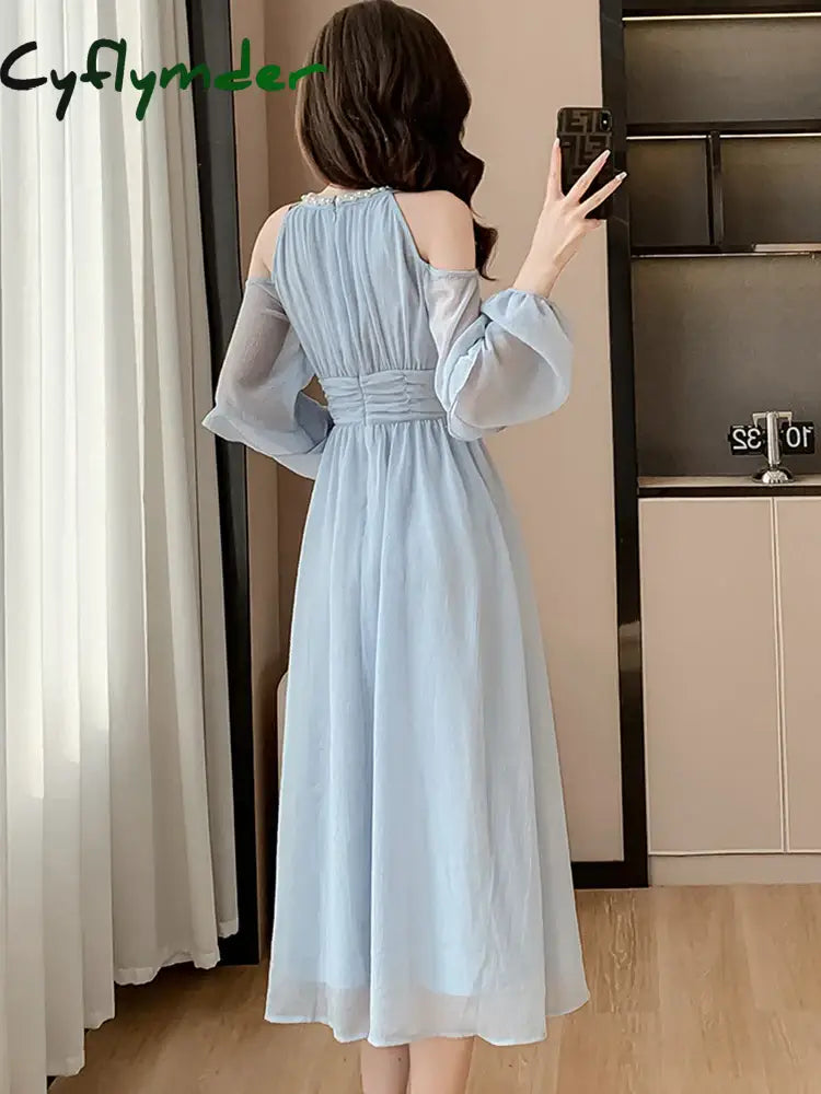 Cyflymder Women Blue Chiffon Off Shoulder Sexy Long Dress Spring Elegant Chic Diamonds Casual 2024