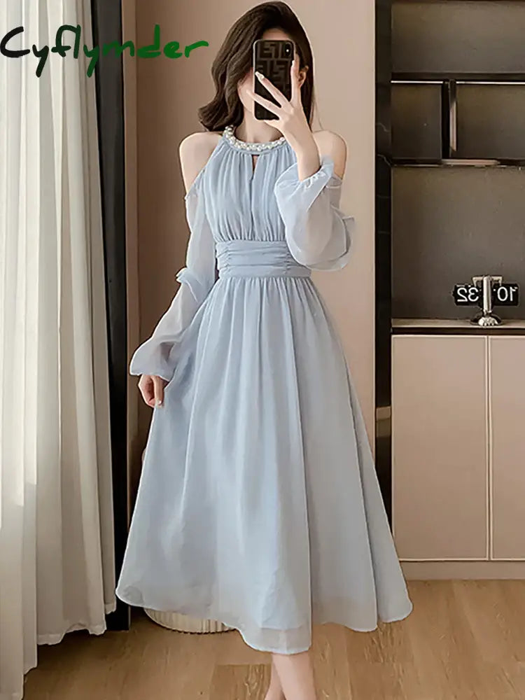 Cyflymder Women Blue Chiffon Off Shoulder Sexy Long Dress Spring Elegant Chic Diamonds Casual 2024