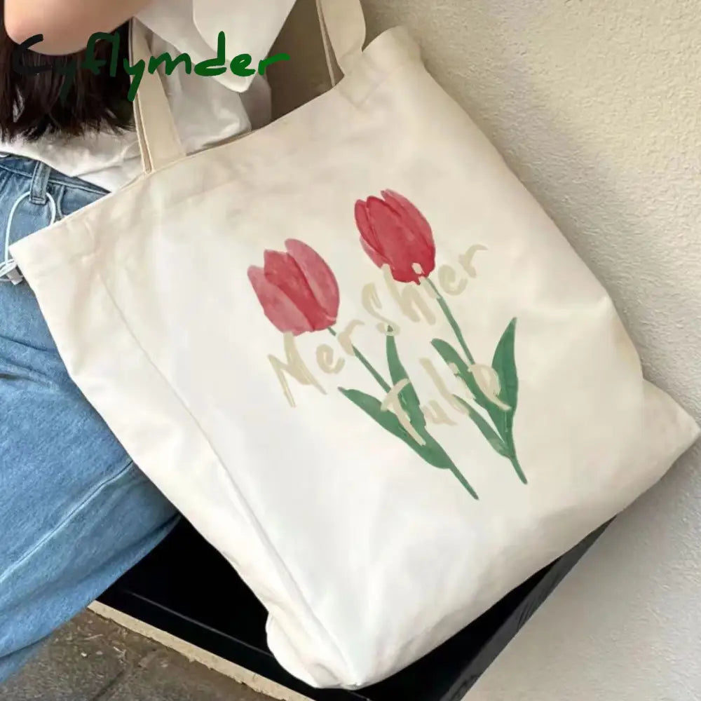 Cyflymder Women Canvas Large Capacity Cotton Reusable Shoulder Bag Tulips Printing Ladies Casual