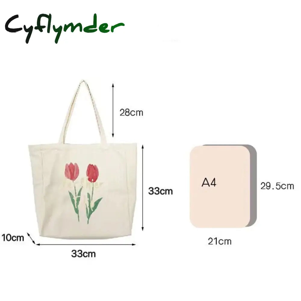 Cyflymder Women Canvas Large Capacity Cotton Reusable Shoulder Bag Tulips Printing Ladies Casual