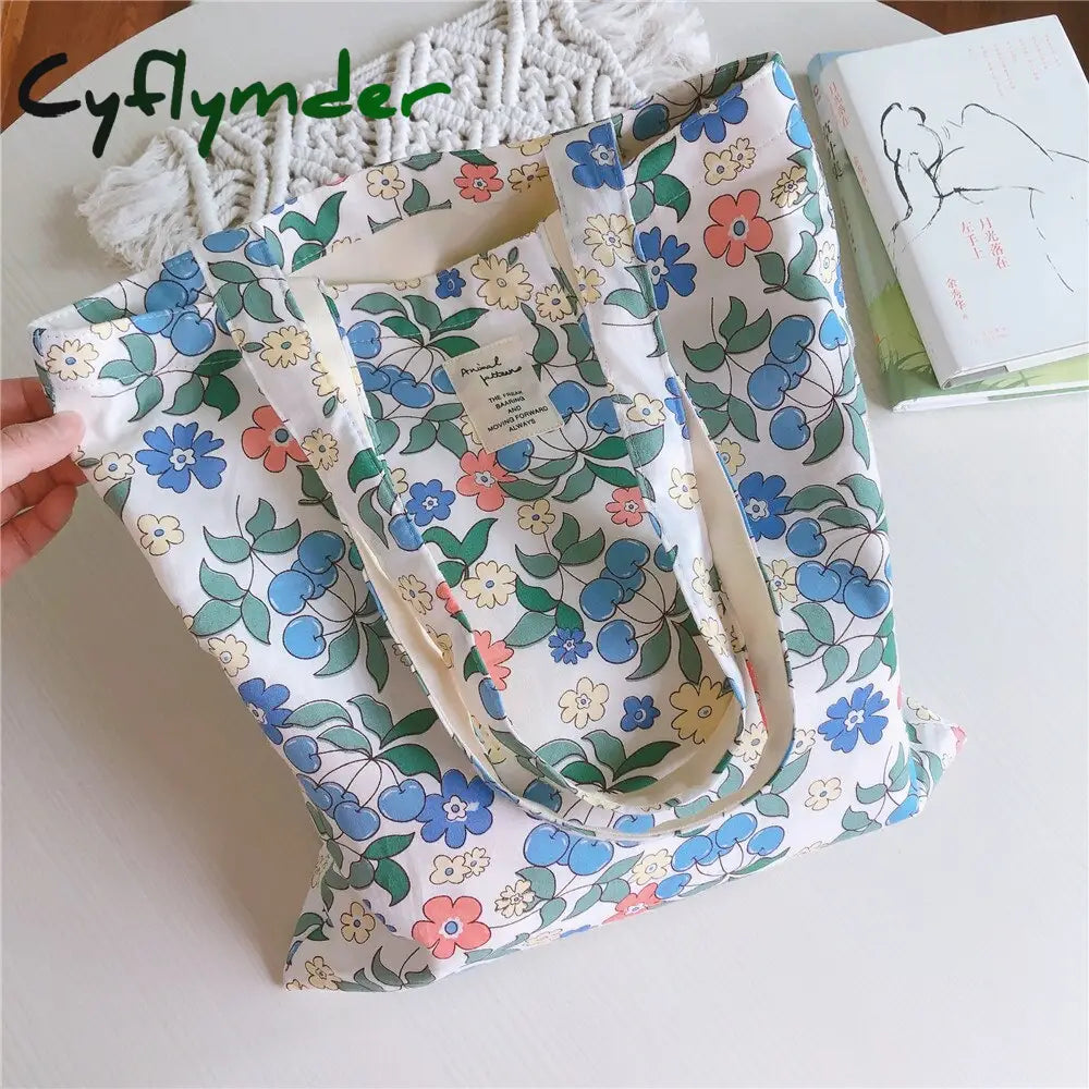 Cyflymder Women Canvas Shopping Bag Floral Print Books Female Cotton Cloth Shoulder Eco Handbag