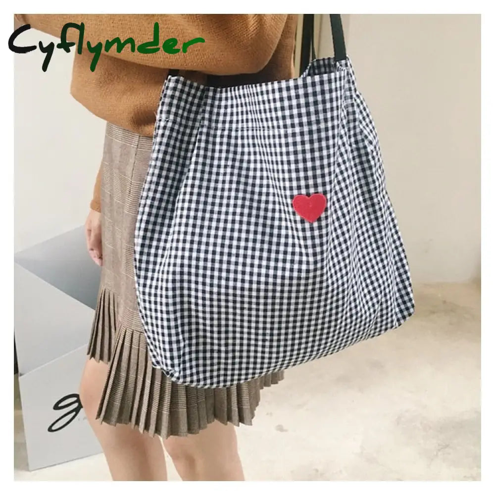 Cyflymder Women Canvas Shoulder Bag Black White Plaid Red Heart Deer Embroidery Ladies Shopping