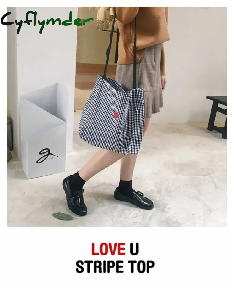Cyflymder Women Canvas Shoulder Bag Black White Plaid Red Heart Deer Embroidery Ladies Shopping