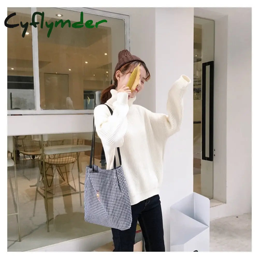 Cyflymder Women Canvas Shoulder Bag Black White Plaid Red Heart Deer Embroidery Ladies Shopping