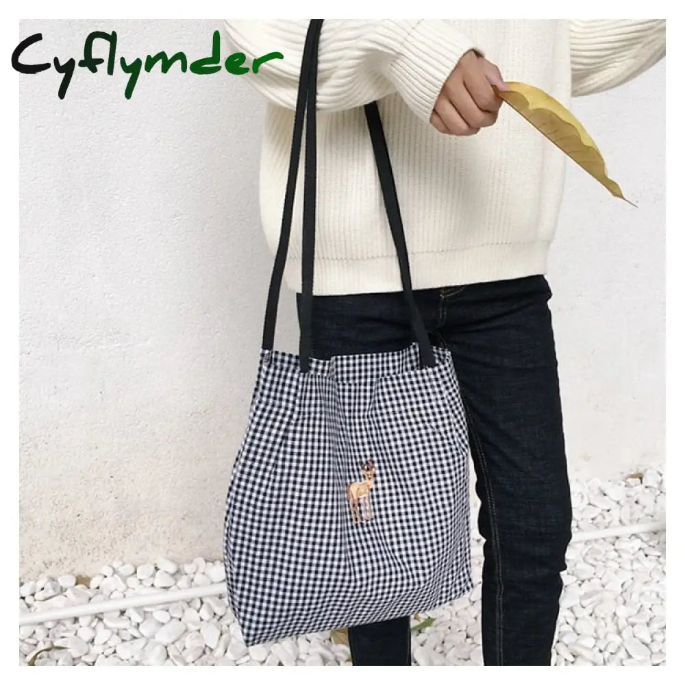 Cyflymder Women Canvas Shoulder Bag Black White Plaid Red Heart Deer Embroidery Ladies Shopping