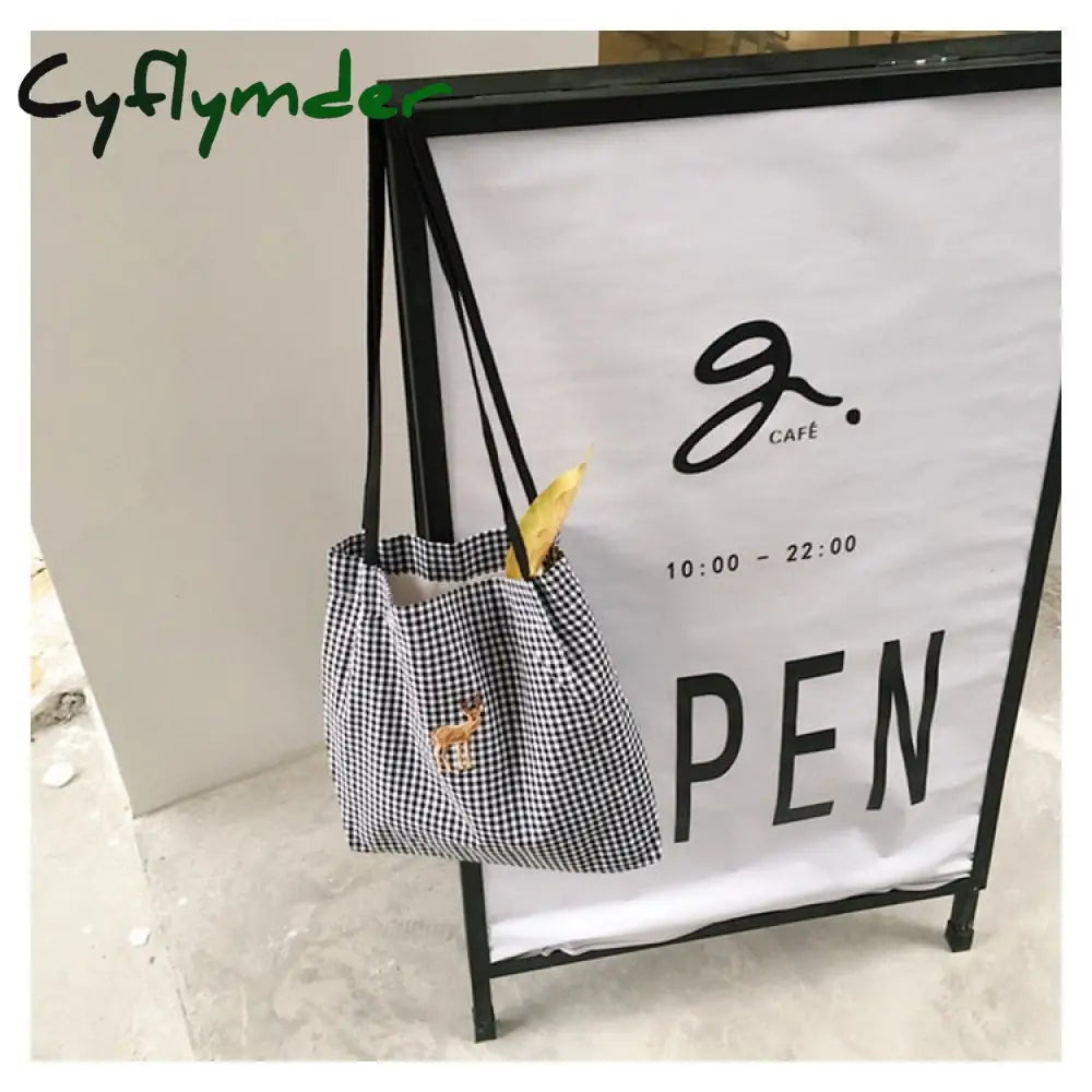 Cyflymder Women Canvas Shoulder Bag Black White Plaid Red Heart Deer Embroidery Ladies Shopping