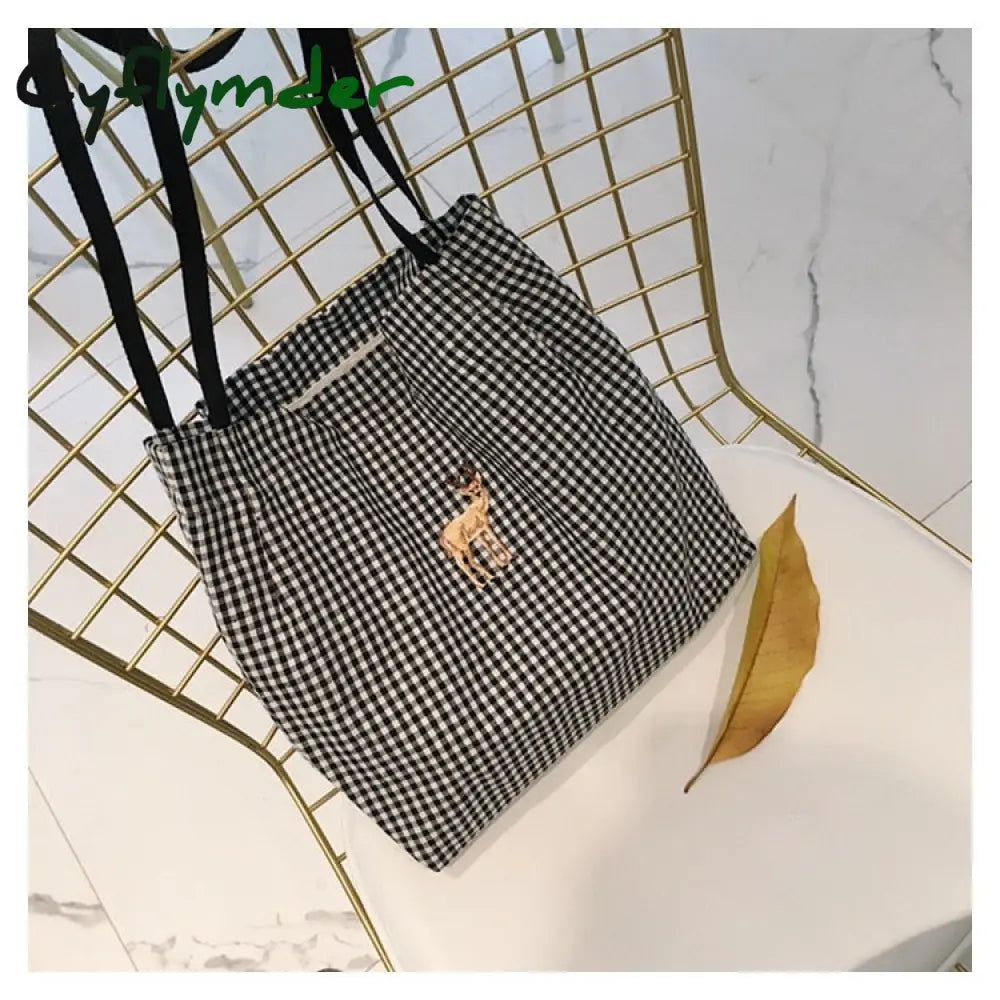 Cyflymder Women Canvas Shoulder Bag Black White Plaid Red Heart Deer Embroidery Ladies Shopping