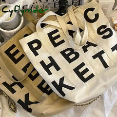 Cyflymder Women Canvas Shoulder Bag Letter Printing Ladies Casual Handbag Tote Large Capacity