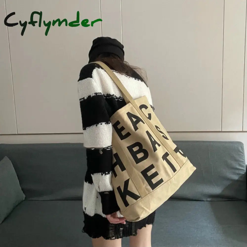 Cyflymder Women Canvas Shoulder Bag Letter Printing Ladies Casual Handbag Tote Large Capacity