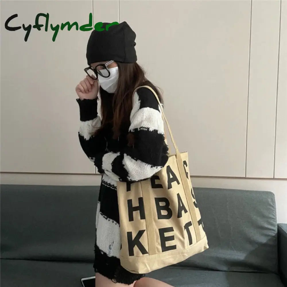 Cyflymder Women Canvas Shoulder Bag Letter Printing Ladies Casual Handbag Tote Large Capacity