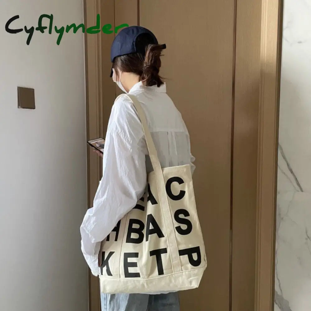 Cyflymder Women Canvas Shoulder Bag Letter Printing Ladies Casual Handbag Tote Large Capacity