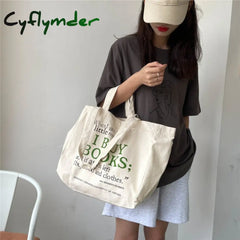 Cyflymder Women Canvas Shoulder Bag Letter Printing Ladies Casual Handbag Tote Large Capacity