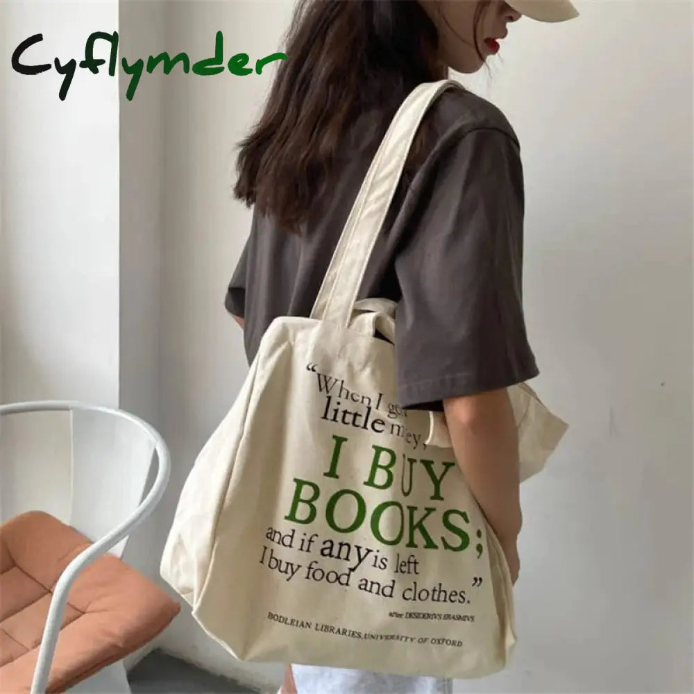 Cyflymder Women Canvas Shoulder Bag Letter Printing Ladies Casual Handbag Tote Large Capacity