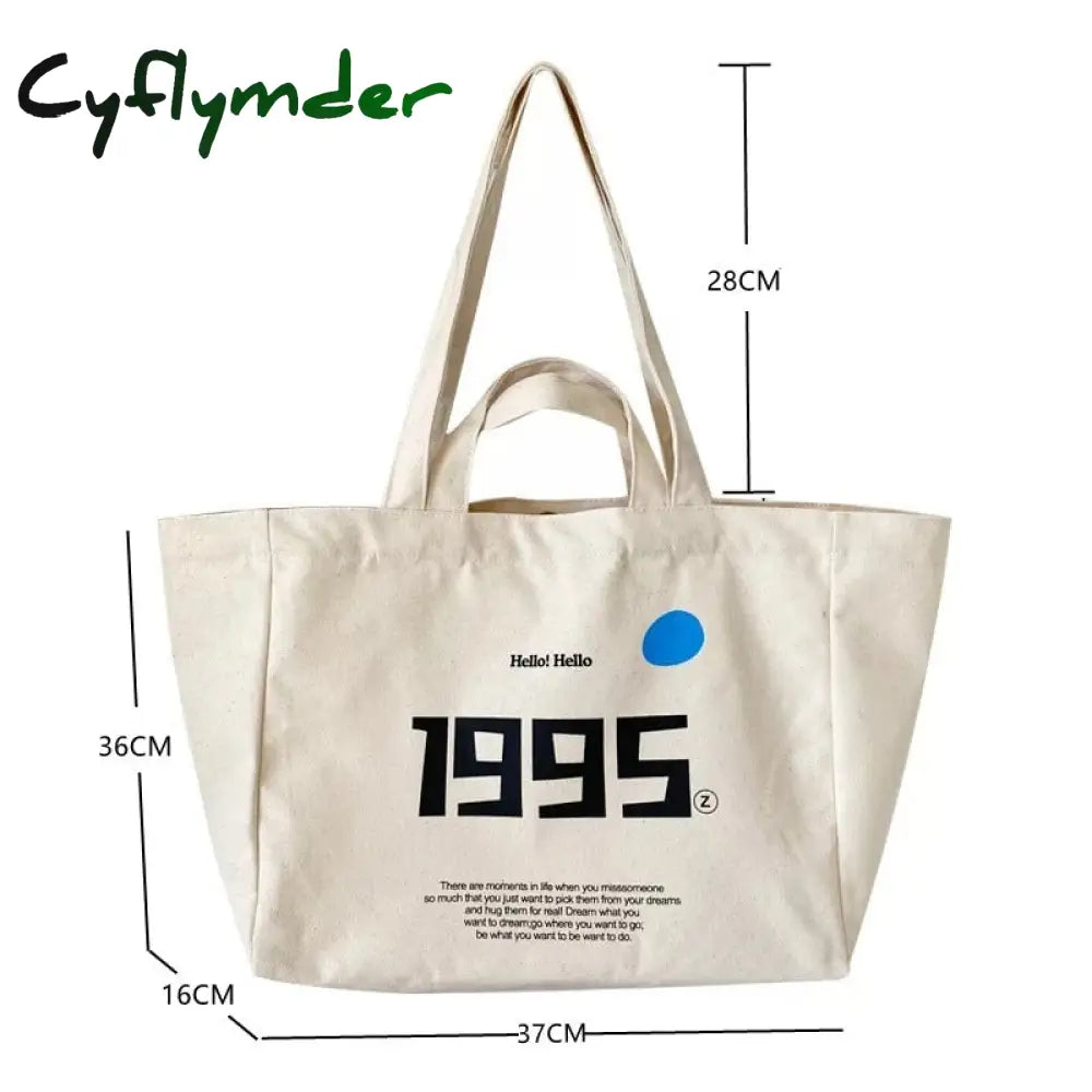 Cyflymder Women Canvas Shoulder Bag Letter Printing Ladies Casual Handbag Tote Large Capacity