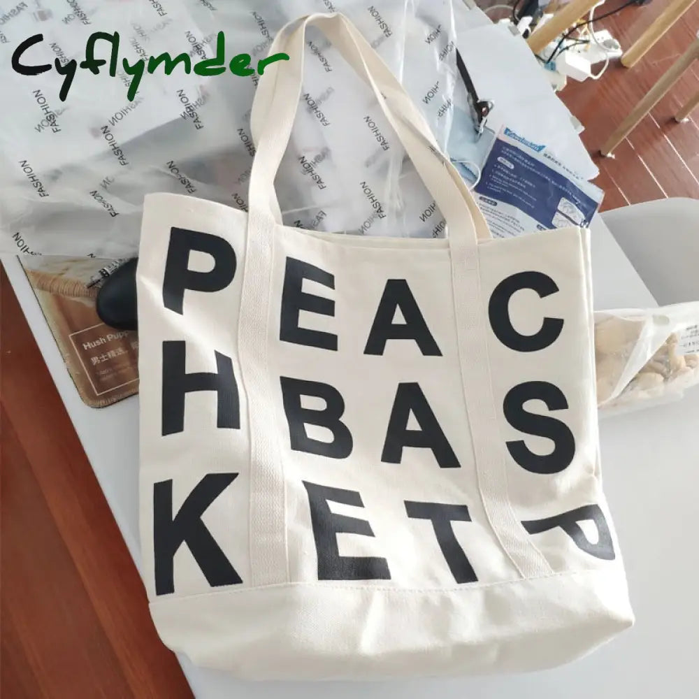 Cyflymder Women Canvas Shoulder Bag Letter Printing Ladies Casual Handbag Tote Large Capacity