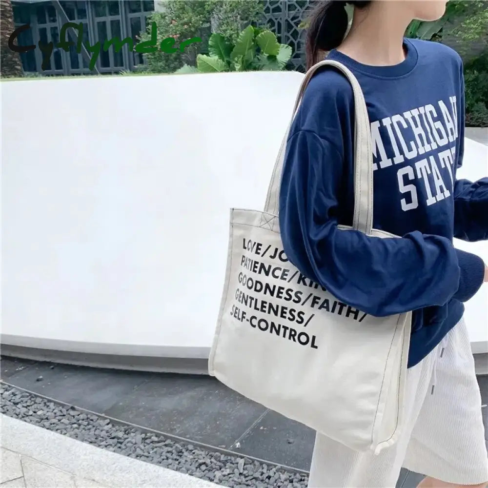 Cyflymder Women Canvas Shoulder Bag Lettering High Quality Casual Handbag Tote Large Capacity