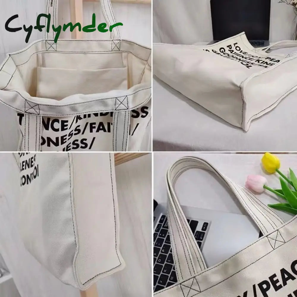 Cyflymder Women Canvas Shoulder Bag Lettering High Quality Casual Handbag Tote Large Capacity