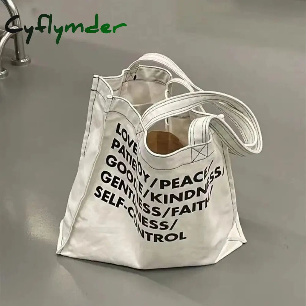 Cyflymder Women Canvas Shoulder Bag Lettering High Quality Casual Handbag Tote Large Capacity