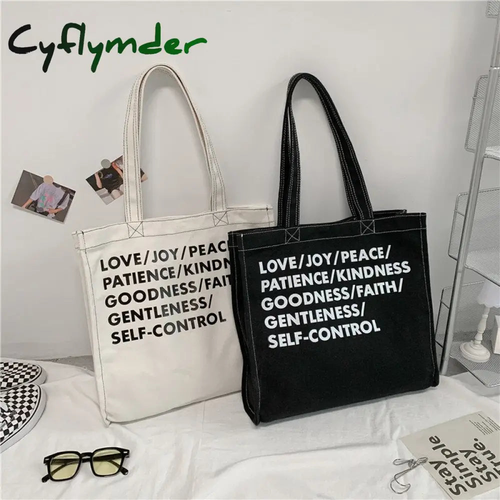 Cyflymder Women Canvas Shoulder Bag Lettering High Quality Casual Handbag Tote Large Capacity