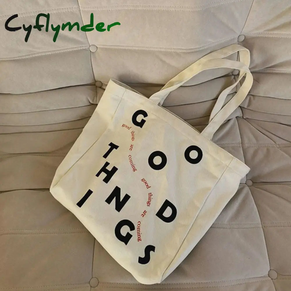 Cyflymder Women Canvas Shoulder Bag Lettering Print Ladies Casual Handbag Tote High Quality Large