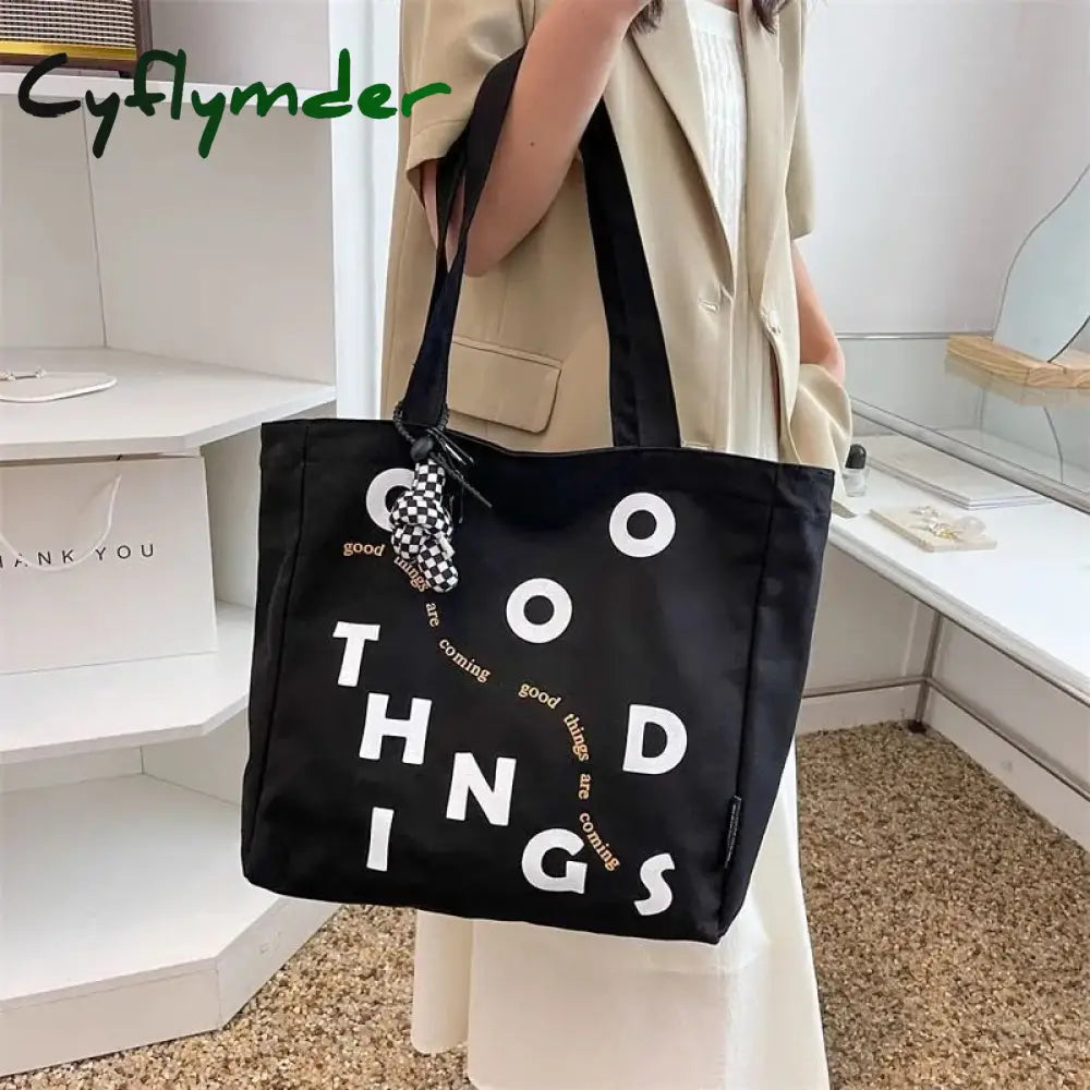 Cyflymder Women Canvas Shoulder Bag Lettering Print Ladies Casual Handbag Tote High Quality Large