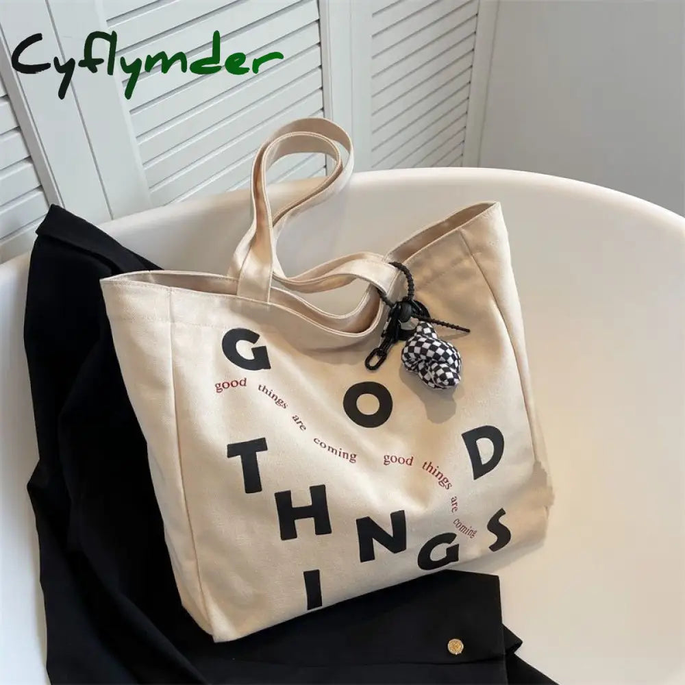 Cyflymder Women Canvas Shoulder Bag Lettering Print Ladies Casual Handbag Tote High Quality Large