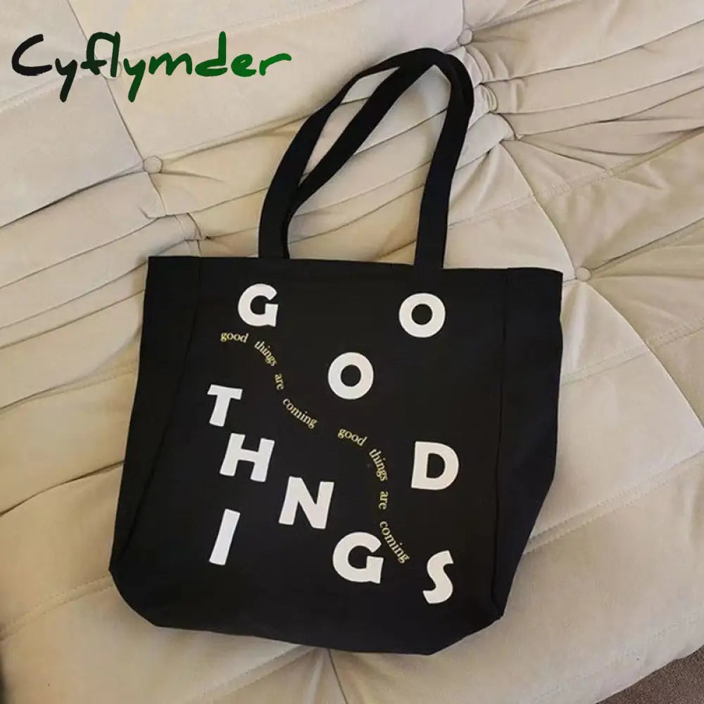 Cyflymder Women Canvas Shoulder Bag Lettering Print Ladies Casual Handbag Tote High Quality Large