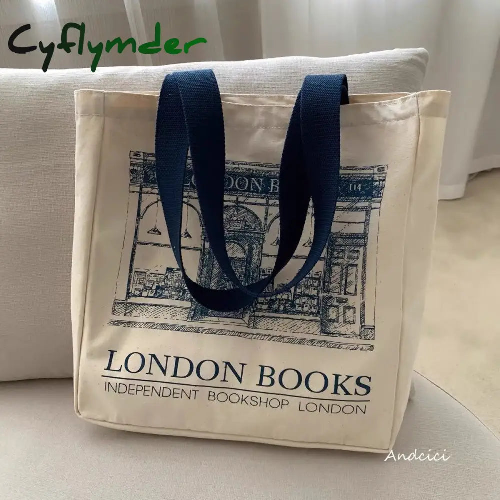 Cyflymder Women Canvas Shoulder Bag London Books Print Ladies Casual Handbag Tote Reusable Large