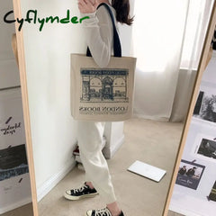 Cyflymder Women Canvas Shoulder Bag London Books Print Ladies Casual Handbag Tote Reusable Large