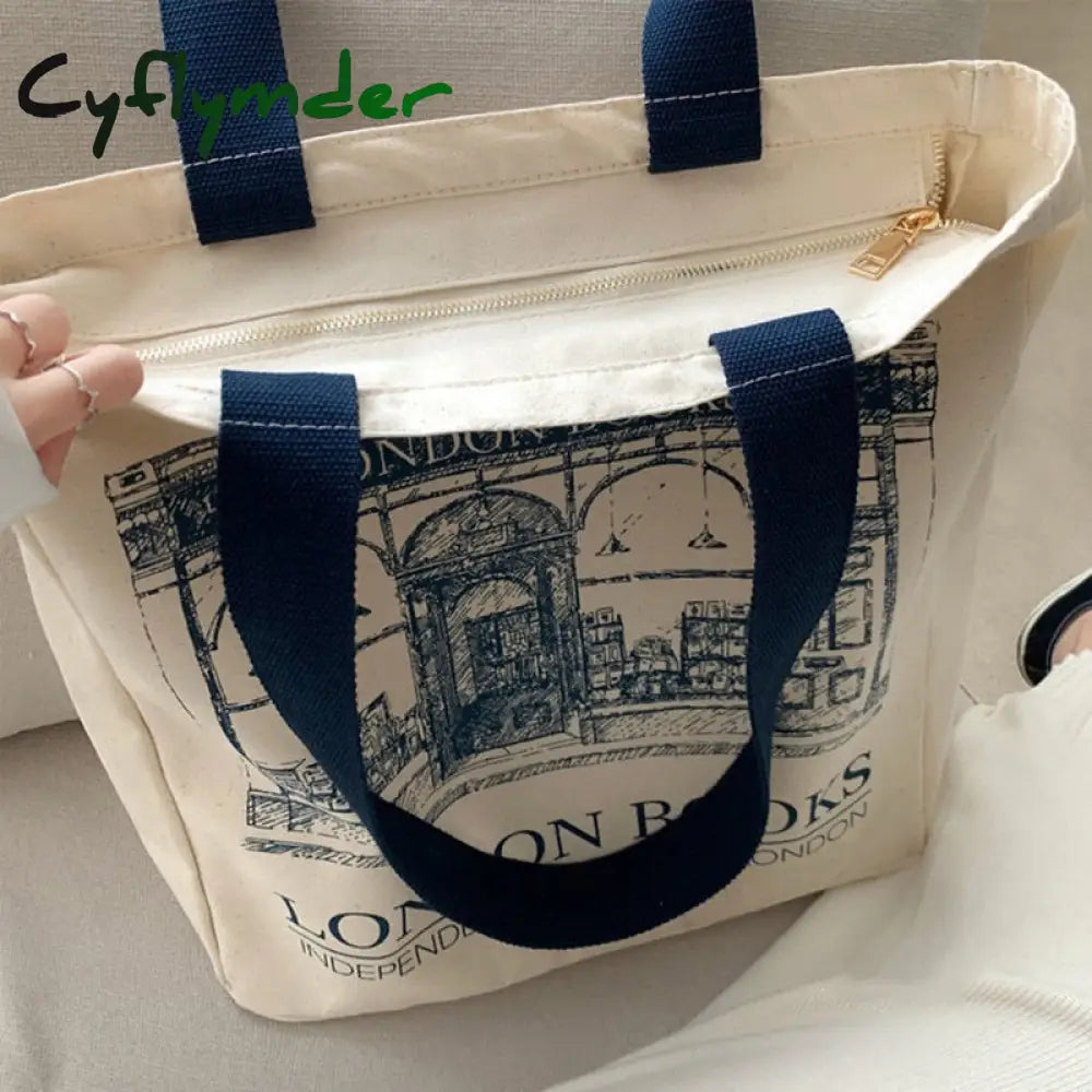 Cyflymder Women Canvas Shoulder Bag London Books Print Ladies Casual Handbag Tote Reusable Large