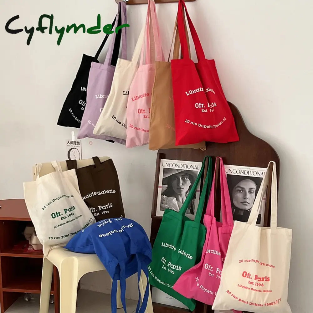 Cyflymder Women Canvas Shoulder Bag Paris Letter Print Ladies Casual Handbag Tote Reusable Large