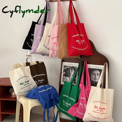 Cyflymder Women Canvas Shoulder Bag Paris Letter Print Ladies Casual Handbag Tote Reusable Large