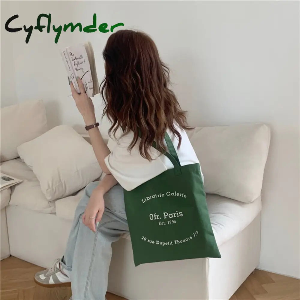 Cyflymder Women Canvas Shoulder Bag Paris Letter Print Ladies Casual Handbag Tote Reusable Large