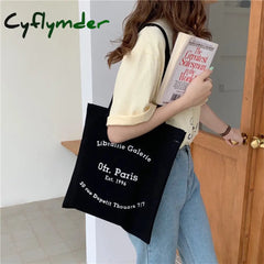 Cyflymder Women Canvas Shoulder Bag Paris Letter Print Ladies Casual Handbag Tote Reusable Large