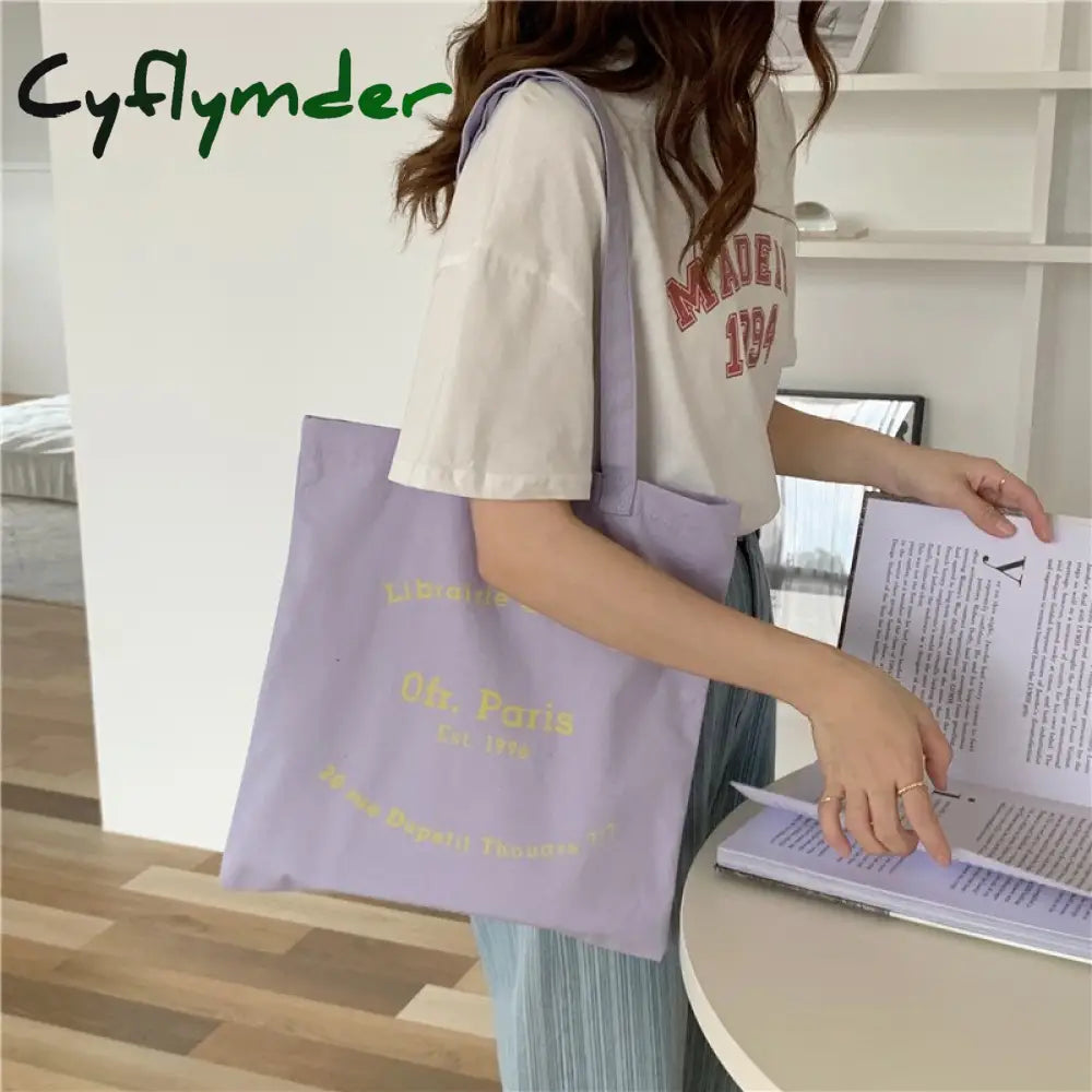 Cyflymder Women Canvas Shoulder Bag Paris Letter Print Ladies Casual Handbag Tote Reusable Large