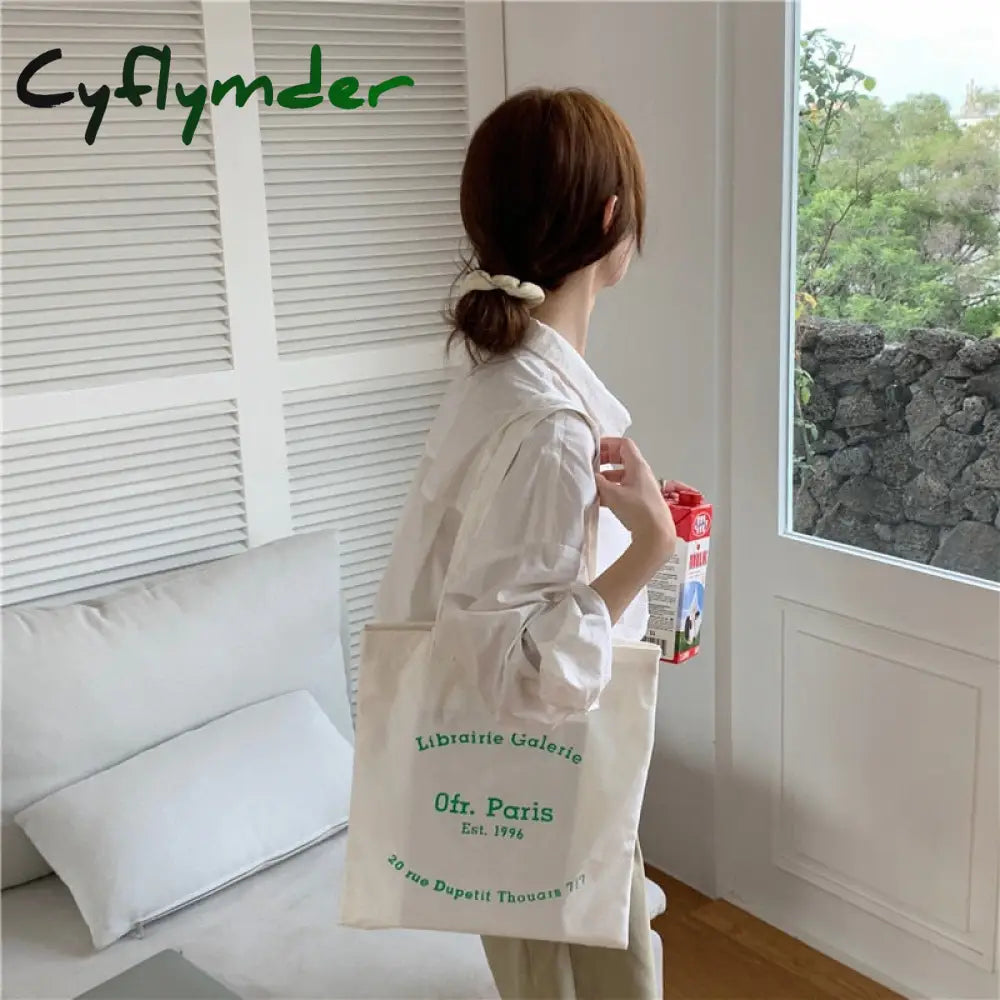 Cyflymder Women Canvas Shoulder Bag Paris Letter Print Ladies Casual Handbag Tote Reusable Large