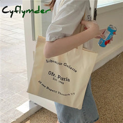 Cyflymder Women Canvas Shoulder Bag Paris Letter Print Ladies Casual Handbag Tote Reusable Large