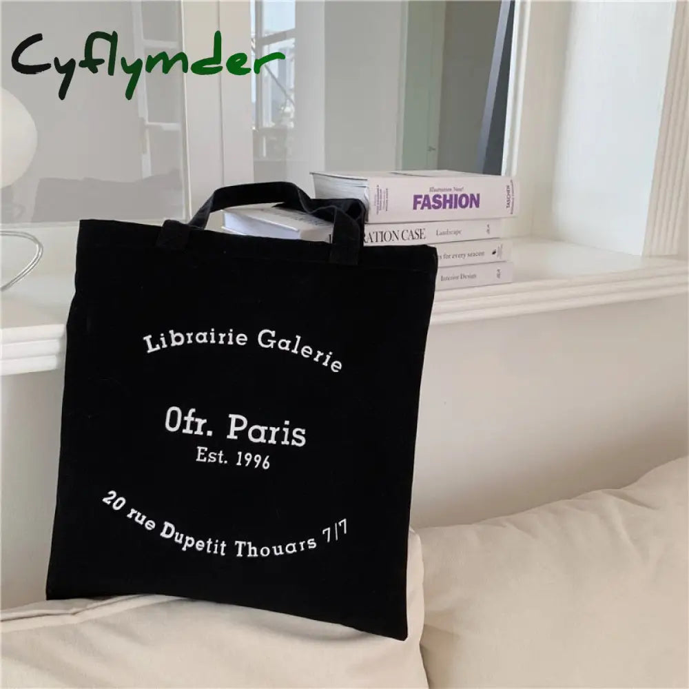 Cyflymder Women Canvas Shoulder Bag Paris Letter Print Ladies Casual Handbag Tote Reusable Large