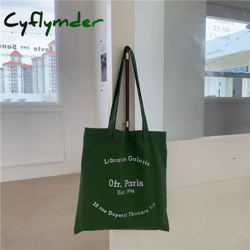 Cyflymder Women Canvas Shoulder Bag Paris Letter Print Ladies Casual Handbag Tote Reusable Large