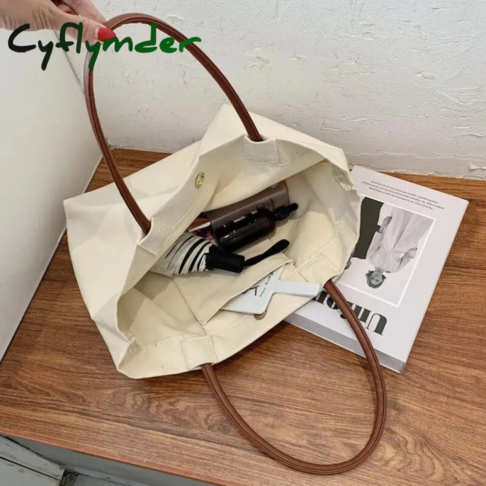 Cyflymder Women Canvas Shoulder Bag Solid Color High Quality Casual Handbag Large Capacity Cotton