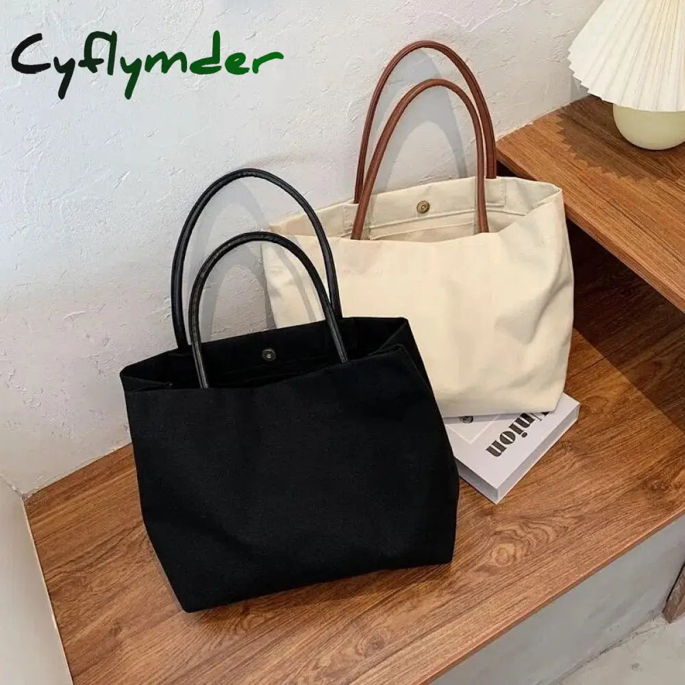 Cyflymder Women Canvas Shoulder Bag Solid Color High Quality Casual Handbag Large Capacity Cotton