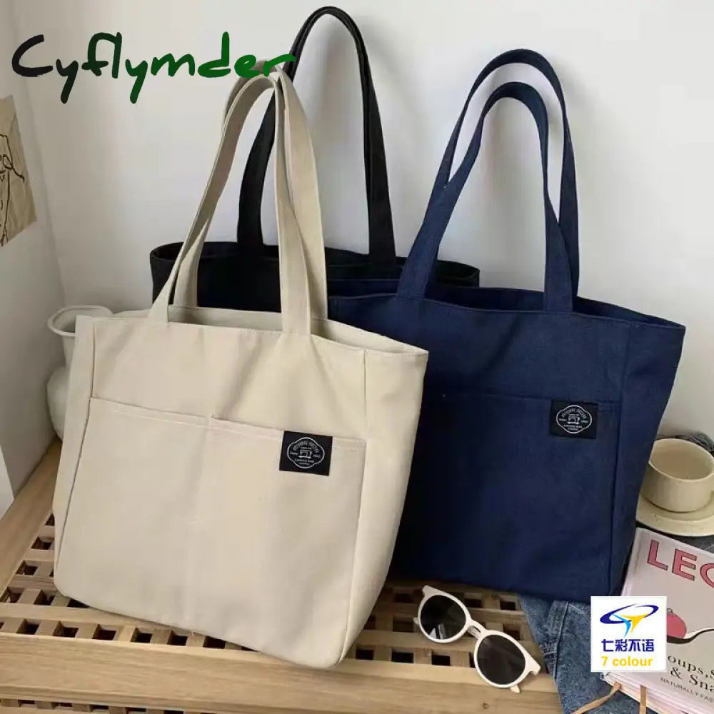 Cyflymder Women Canvas Tote Bag Solid Color Designer Ladies Casual Handbag Shoulder Large Capacity