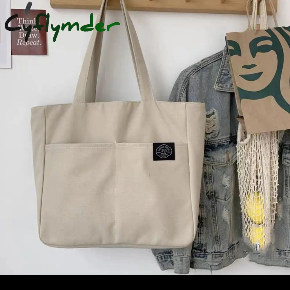 Cyflymder Women Canvas Tote Bag Solid Color Designer Ladies Casual Handbag Shoulder Large Capacity